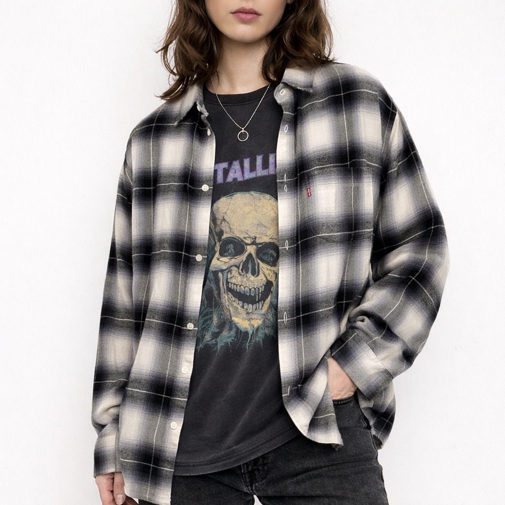 Levi's Plaid Flannel Shirt 2X Black Cream Grunge Oversized Workwear Layering
